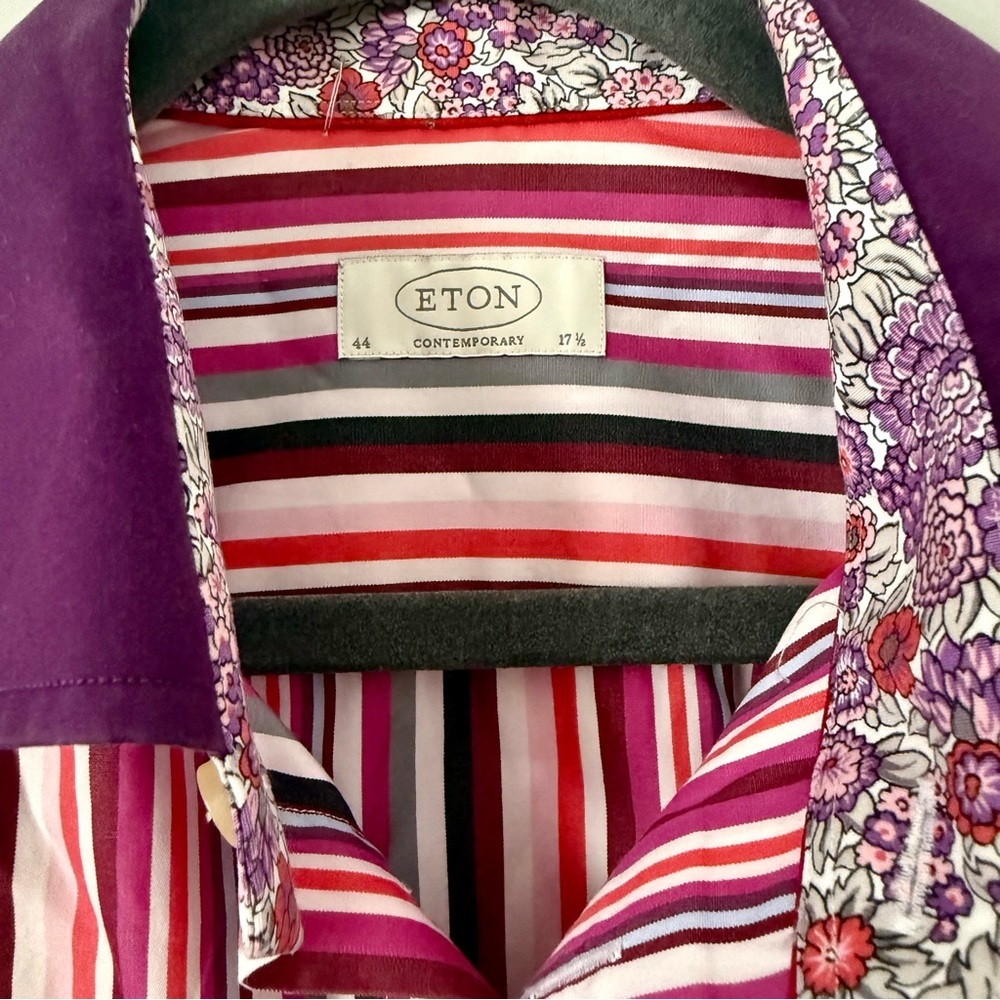 ETON Luxury Multi-Stripe Dress Shirt - Contrast Collar & Floral Cuffs Peacocking - Picture 4 of 6